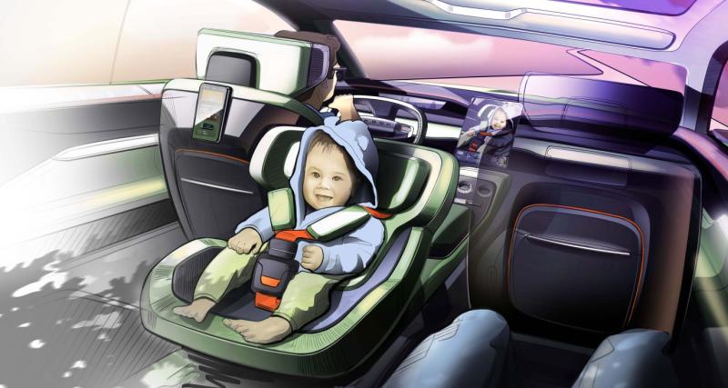 Skoda Vision 7S (2022) : ce nouveau SUV électrique 7 places annonce un futur modèle familial - Un siège enfant fixé à la console centrale