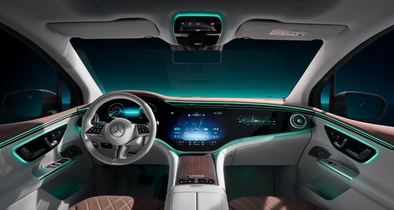 Mercedes-Benz EQE SUV (2022) : ce modèle familial 100% électrique se dévoile et donne son autonomie - Une constellation d’écrans sur la planche de bord