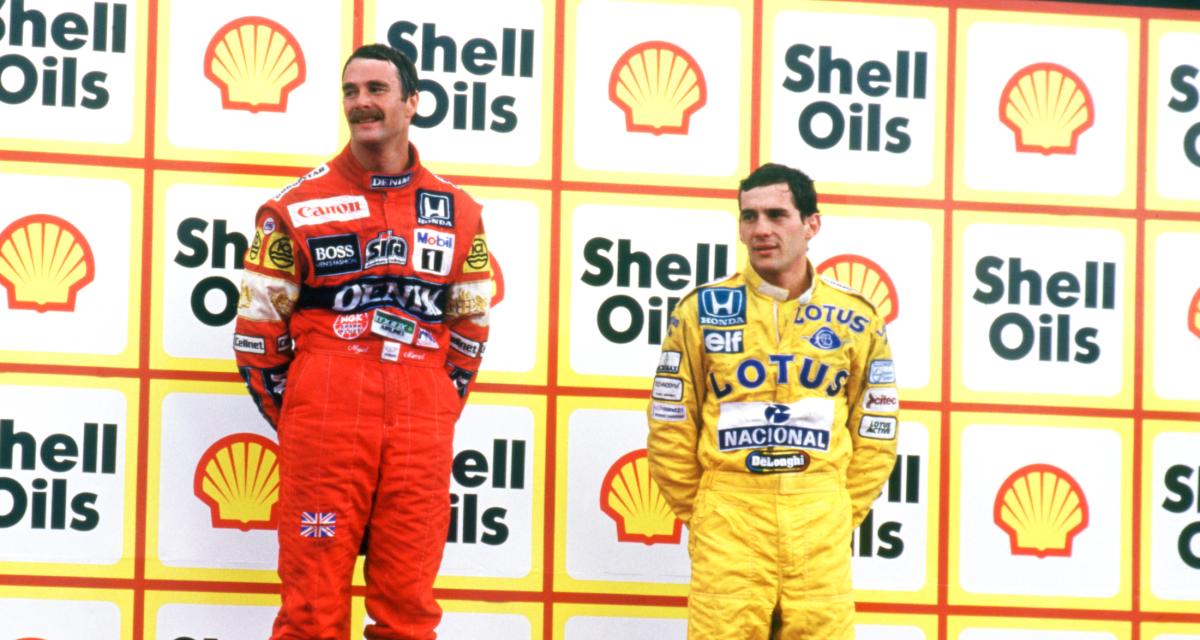 Nigel Mansell aux côtés d'Ayrton Senna lors du Grand Prix de Grande-Bretagne 1987