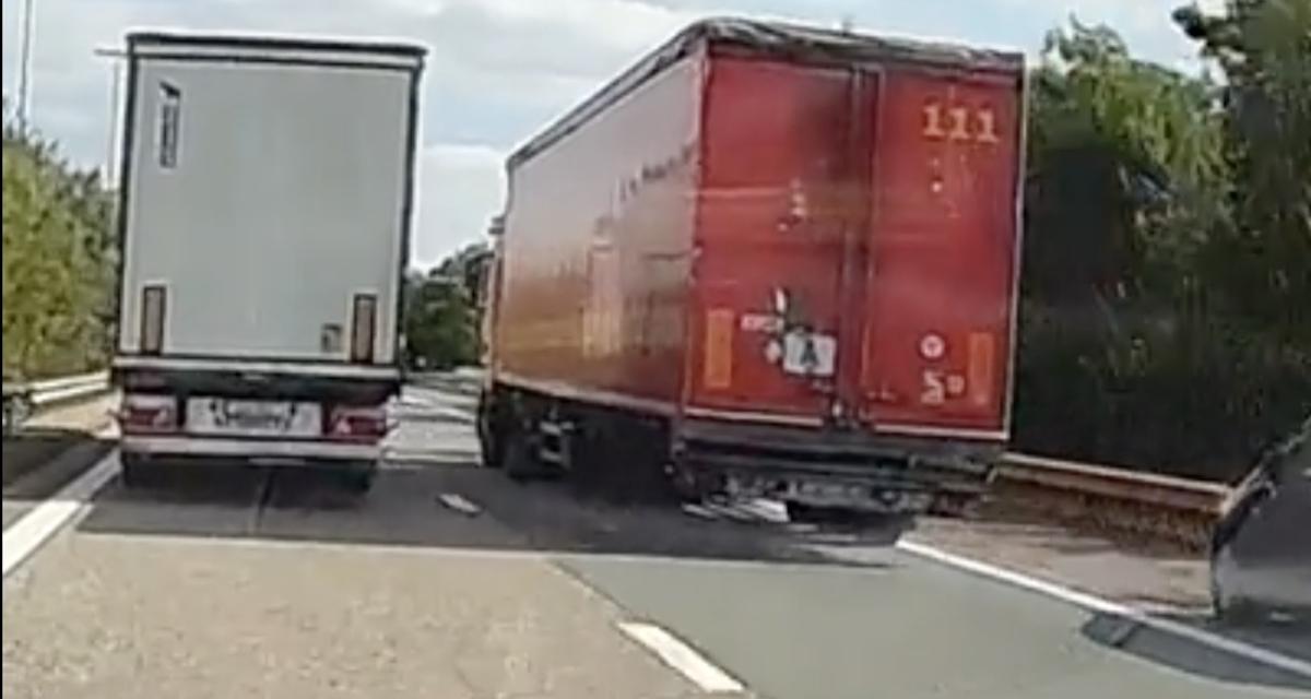 Ces deux camions sont trop lents pour lui, il a recours à une manoeuvre extrême pour s'en débarrasser