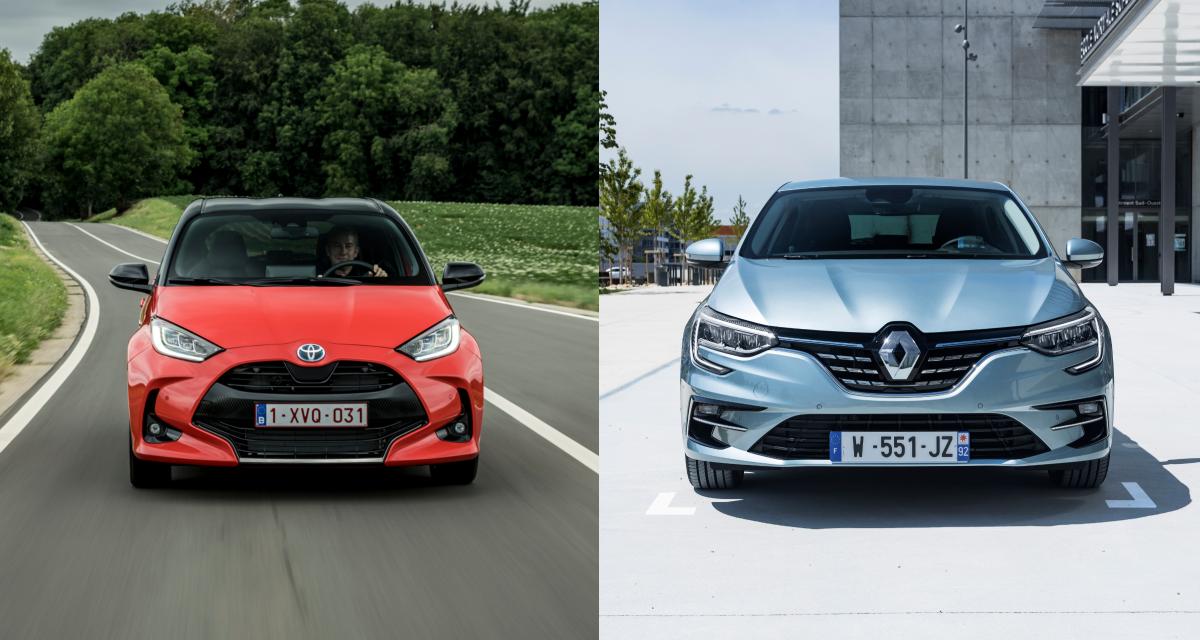 À gauche, un modèle hybride (la Toyota Yaris), à droite un modèle hybride rechargeable (Renault Mégane E-Tech)