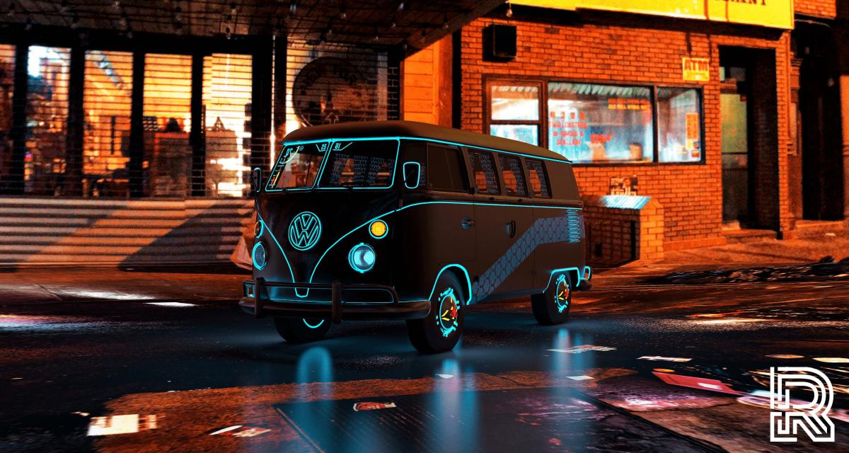 CyberKombi : le rétrofit numérique d'un Volkswagen Combi en mode Cyberpunk 2077