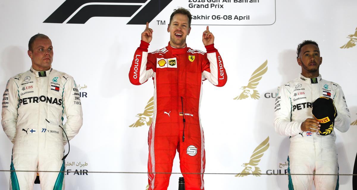 Sebastian Vettel, Valtteri Bottas et Lewis Hamilton sur le podium du Grand Prix de Bahrein en 2018